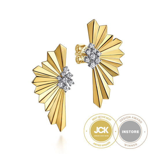 14K White & Yellow Gold Radiant Fan  Diamond Cut and Cluster Diamond Stud Earrings — Gabriel & Co. EG15345M45JJ