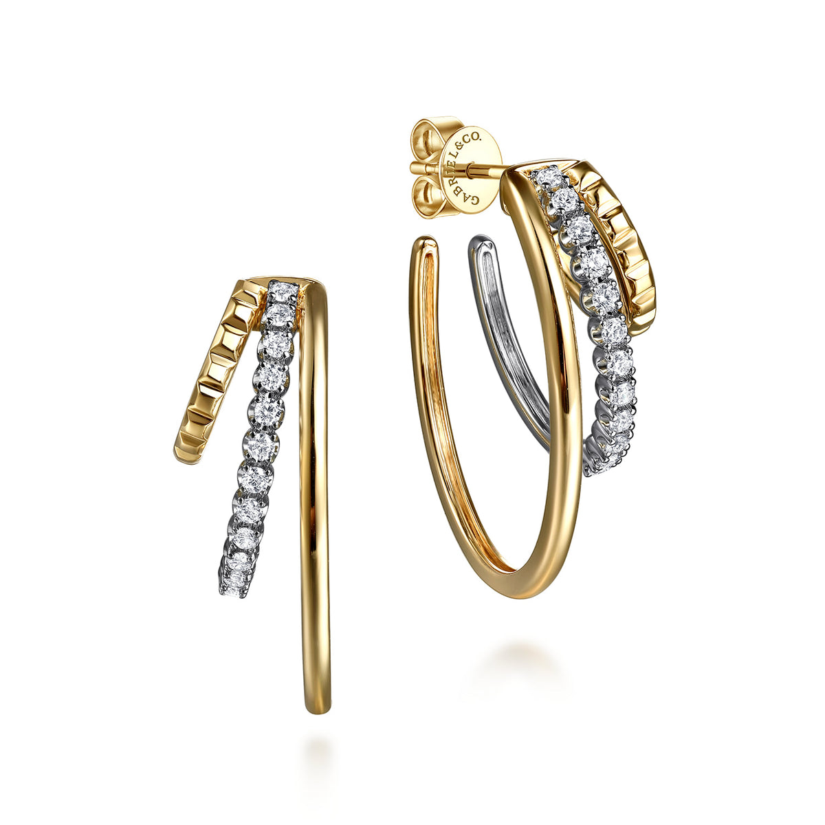 14K White & Yellow Gold Diamond Three Row J Hoop Stud Earrings — Gabriel & Co. EG15353M45JJ