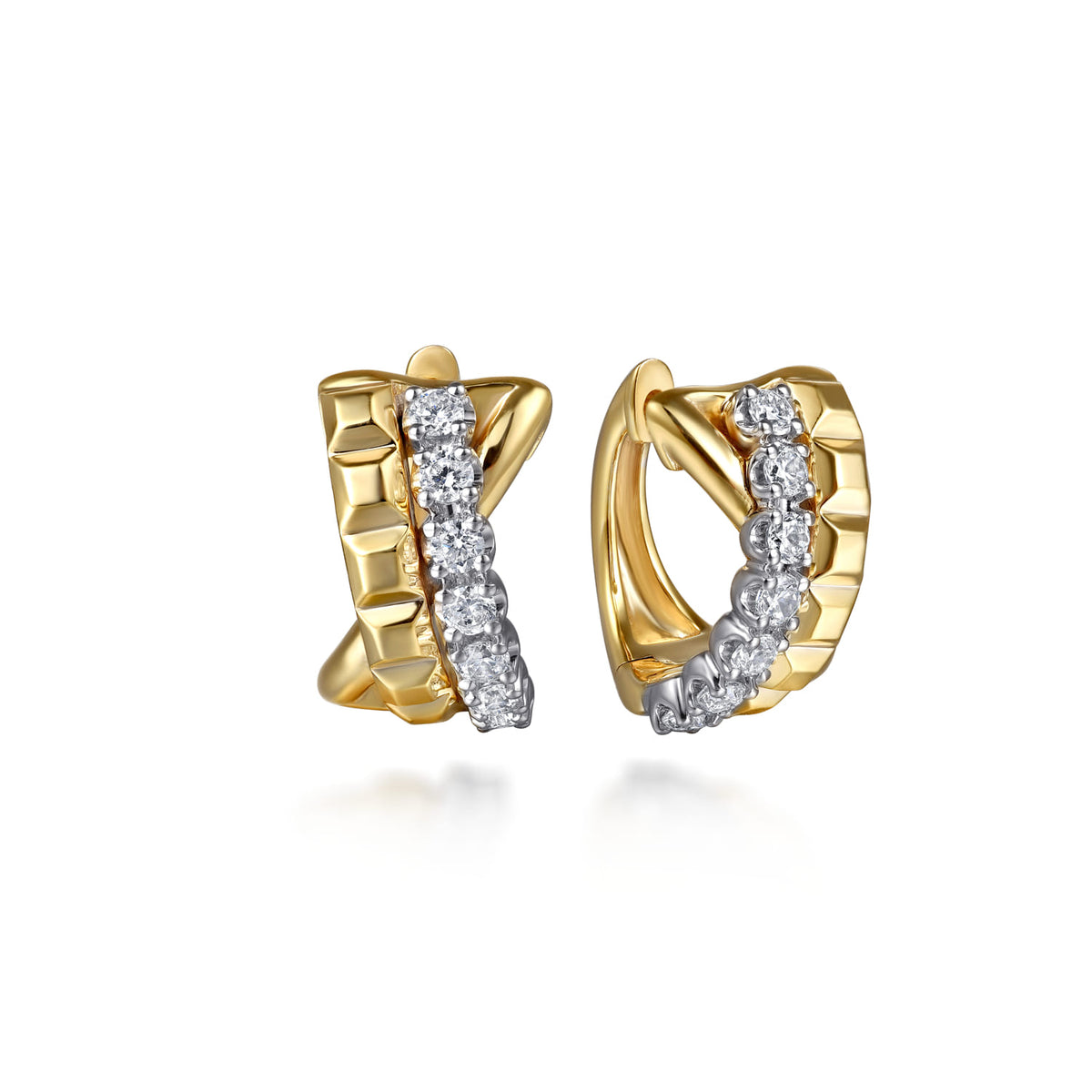 14K White & Yellow Gold Diamond Criss Cross Huggie Earrings — Gabriel & Co. EG15355M45JJ