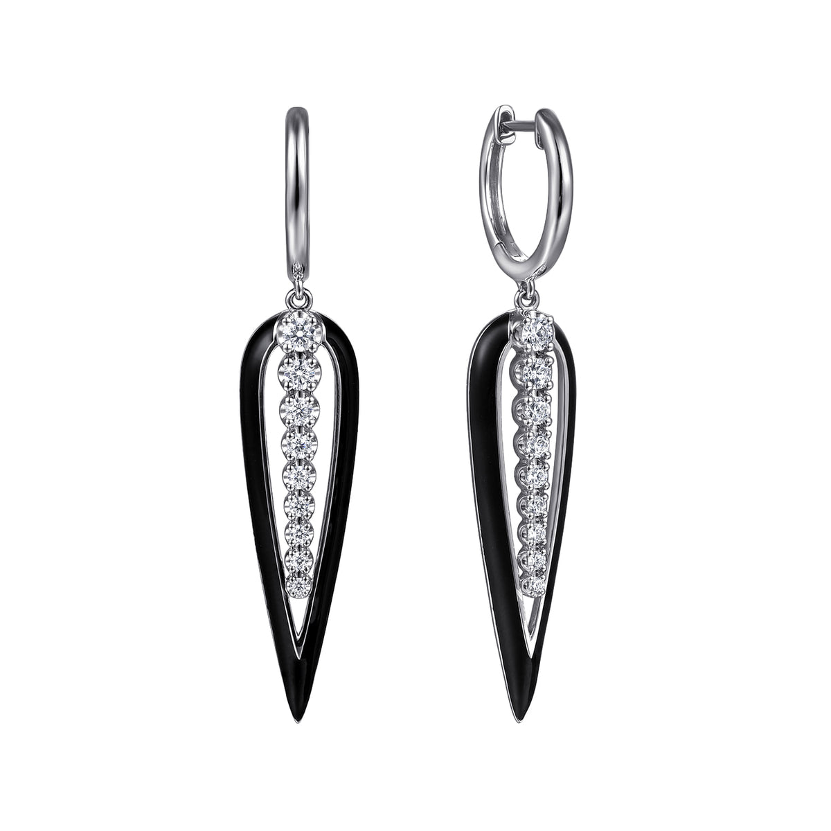 14K White Gold Graduating Diamond Huggie Drop Earrings with Black Enamel — Gabriel & Co. EG15363E8W45JJ