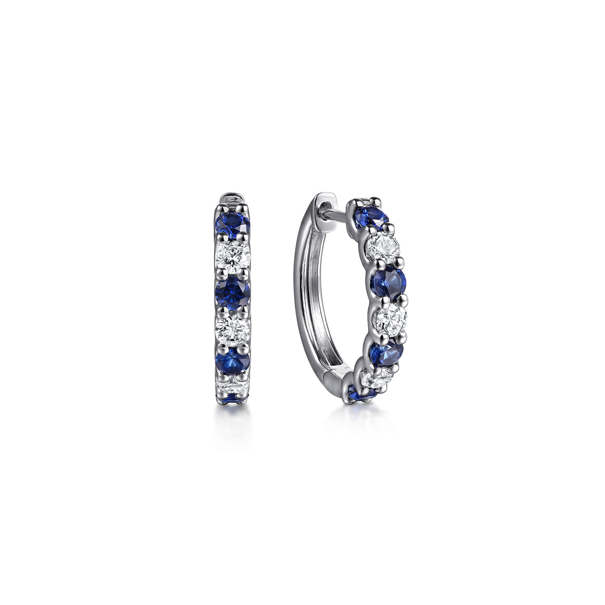 15mm 14K White Gold Diamond and Sapphire Huggie Earrings — Gabriel & Co. EG15386W45SA