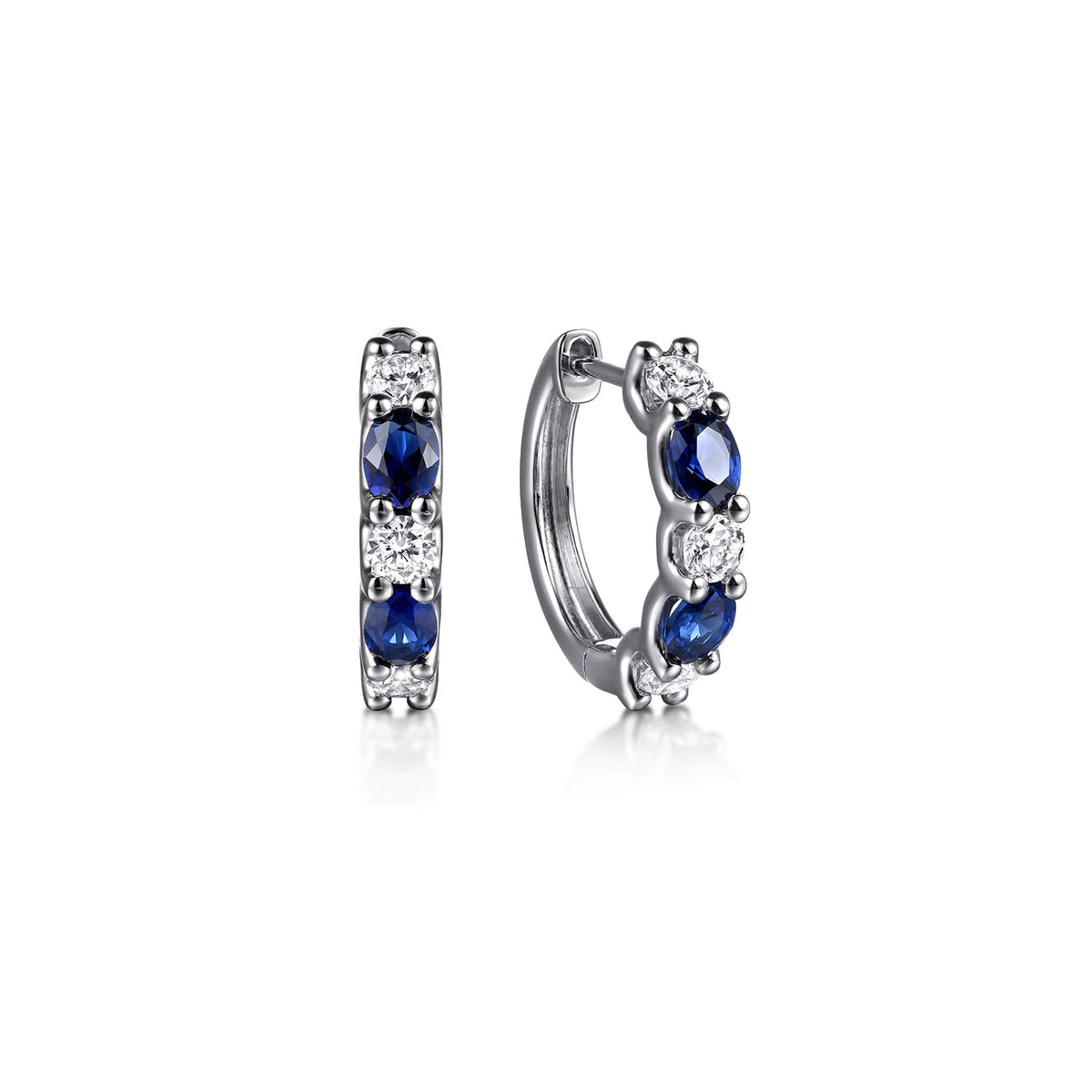 15mm 14K White Gold Diamond and Oval Sapphire Huggie Earrings — Gabriel & Co. EG15387W45SA