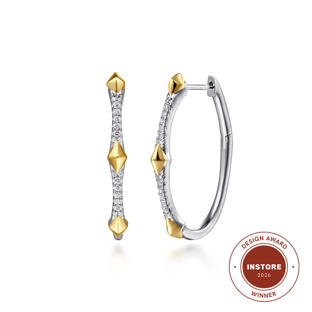 14K White & Yellow Gold Diamond Rhombus Intricate Hoop Earrings — Gabriel & Co. EG15548M45JJ