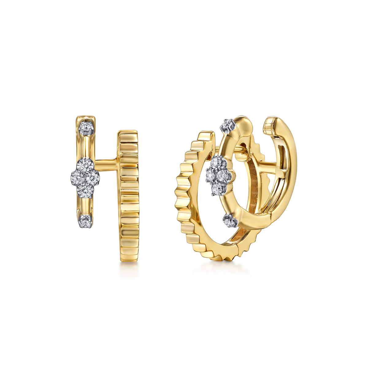 14K Yellow Gold Diamond Clover and Diamond Cut Texture Stuggies Earrings — Gabriel & Co. EG15572Y45JJ