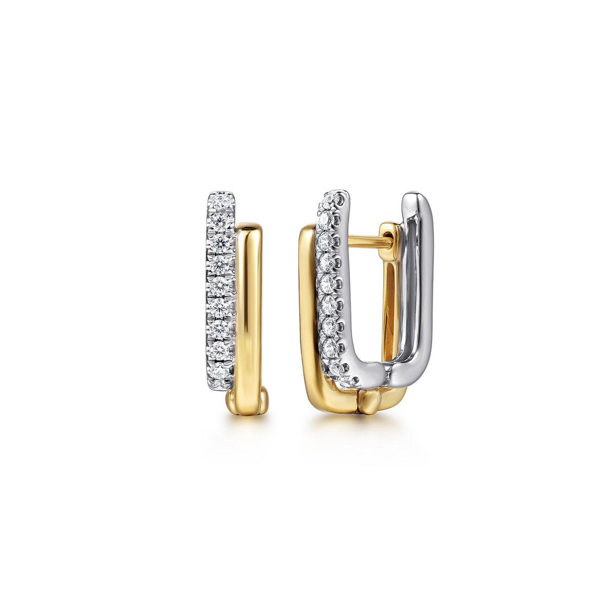14K White & Yellow Gold Diamond Double Row Cushion shaped Huggie Earrings — Gabriel & Co. EG15574M45JJ