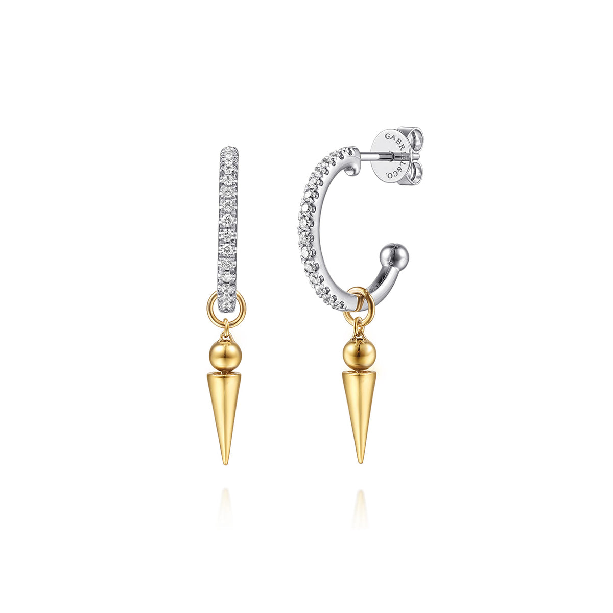 14K White & Yellow Gold Bujukan Bullet and Diamond Huggie Drop Earrings — Gabriel & Co. EG15582M45JJ