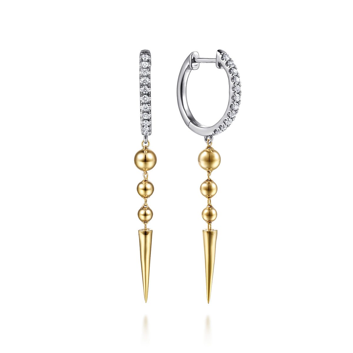 14K White & Yellow Gold Bujukan Bullet and Diamond Huggie Drop Earrings — Gabriel & Co. EG15590M45JJ