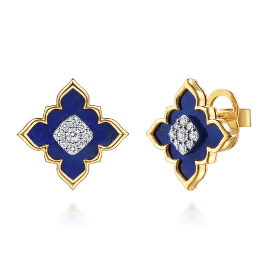 18K White & Yellow Gold Diamond and Lapis Floral Stud Earrings — Gabriel & Co. EG15598M84LP