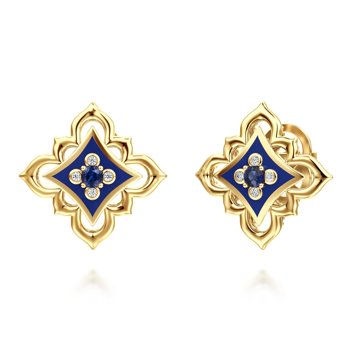 18K Yellow Gold Diamond and Blue Sapphire Floral Stud Earrings with Chrome Blue Enamel — Gabriel & Co. EG15603ELY84SA