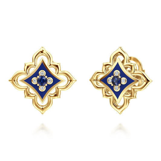 18K Yellow Gold Diamond and Blue Sapphire Floral Stud Earrings with Chrome Blue Enamel — Gabriel & Co. EG15603ELY84SA