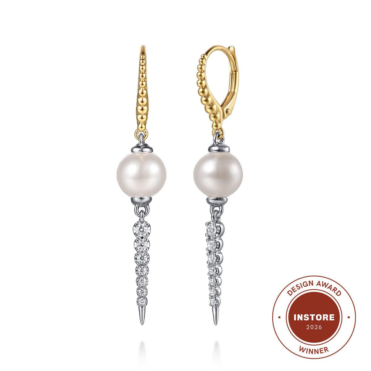 14K White&Yellow Gold Bujukan Diamond and Pearl Spike Leverback Drop Earrings — Gabriel & Co. EG15634M45PL