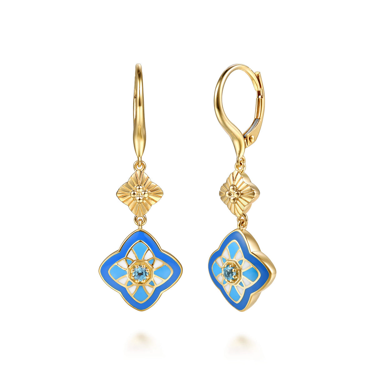 14K Yellow Gold Bujukan Blue Topaz Clover Drop Earrings with Blue, Dusk Blue and White Enamel — Gabriel & Co. EG15636EMY4JBT