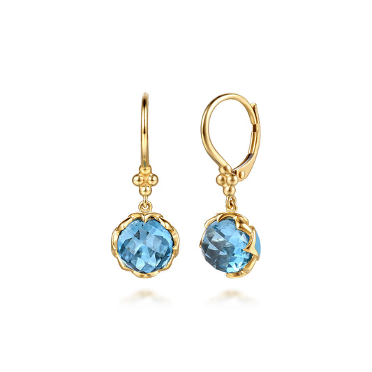 14K Yellow Gold Bujukan Blue Topaz Clover Drop Earrings with Dusk Blue Enamel — Gabriel & Co. EG15637E5Y4JBT