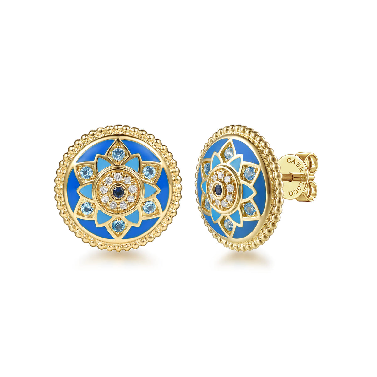 14K Yellow Gold Bujukan Diamond, Blue Sapphire and Blue Topaz Stud Earrings with Dusk Blue and Blue Enamel — Gabriel & Co. EG15638EMY45MC