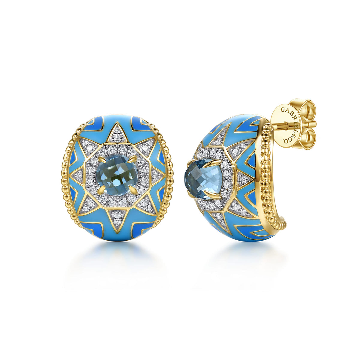 14K Yellow Gold Bujukan Diamond and Blue Topaz J Hoop Earrings with Blue and Dust Blue and White Enamel — Gabriel & Co. EG15639EMY45BT