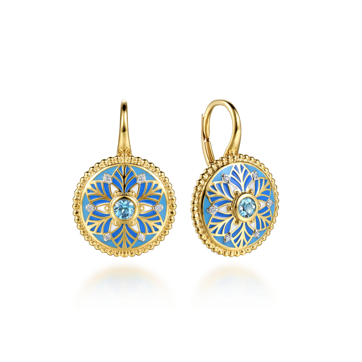 14K Yellow Gold Bujukan Diamond and Blue Topaz Leverback Drop Earrings with Blue and Dust Blue and White Enamel — Gabriel & Co. EG15642EMY45BT