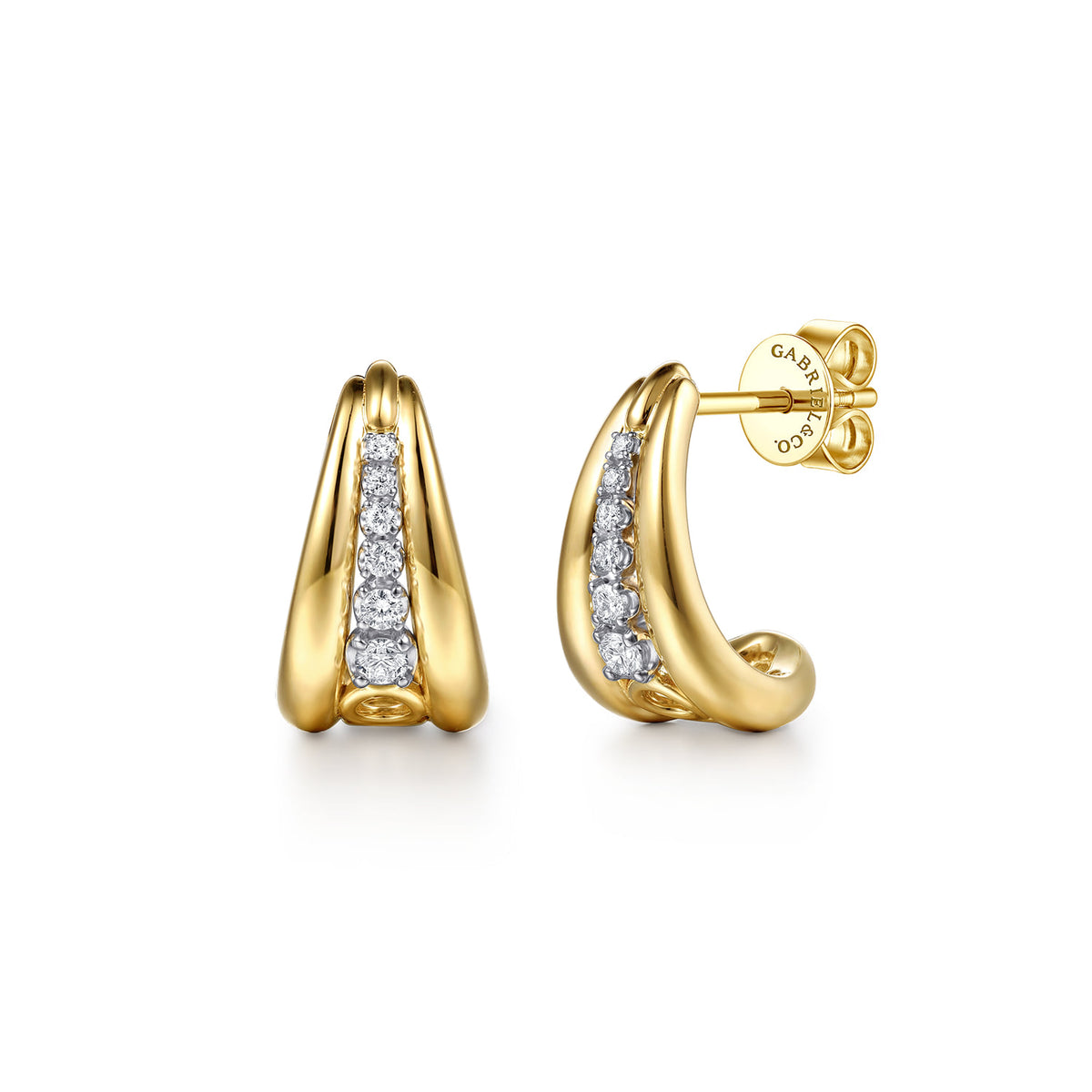 14K White and Yellow Gold Graduating Diamond Huggie Earrings — Gabriel & Co. EG15680M45JJ