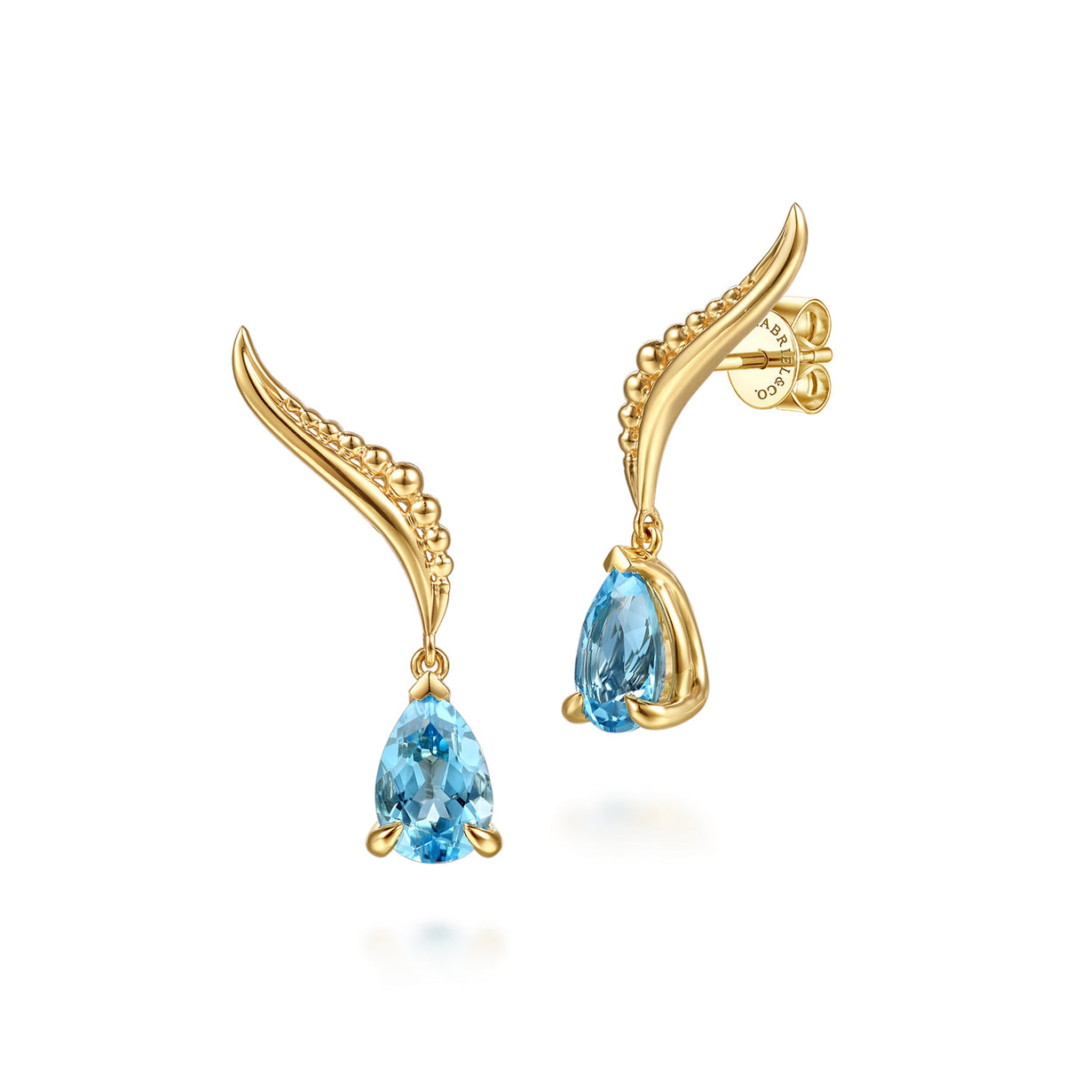 14K Yellow Gold Graduating Bujukan Pear Blue Topaz Stud Earrings — Gabriel & Co. EG15687Y4JBT
