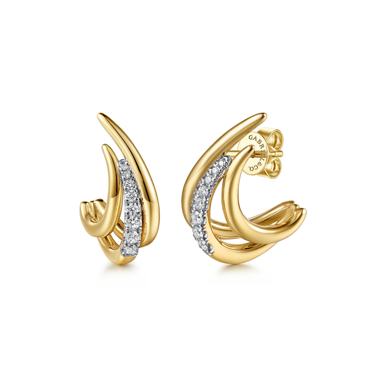 14K Yellow Gold Triple Row Spike Graduating Diamond J Hoop Earrings — Gabriel & Co. EG15746Y45JJ