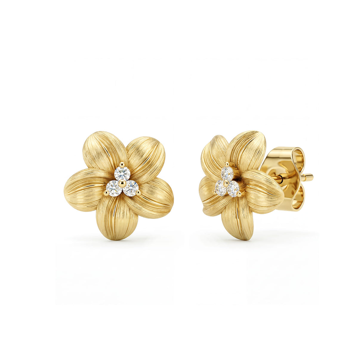 14K Yellow Gold Textured Flower and Diamond Stud Earrings — Gabriel & Co. EG516Y45JJ