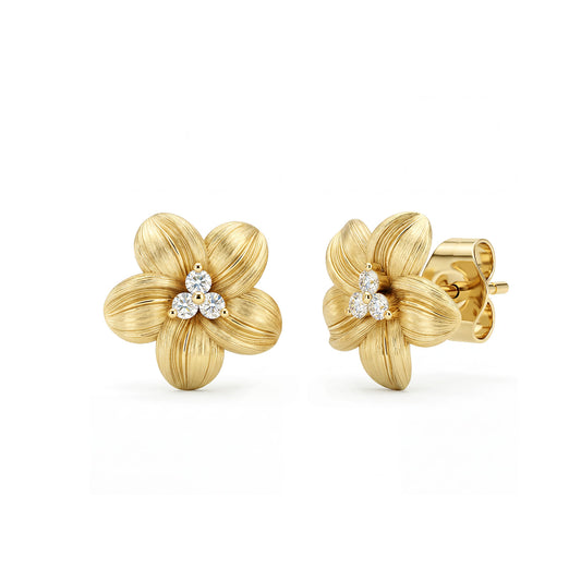 14K Yellow Gold Textured Flower and Diamond Stud Earrings — Gabriel & Co. EG516Y45JJ