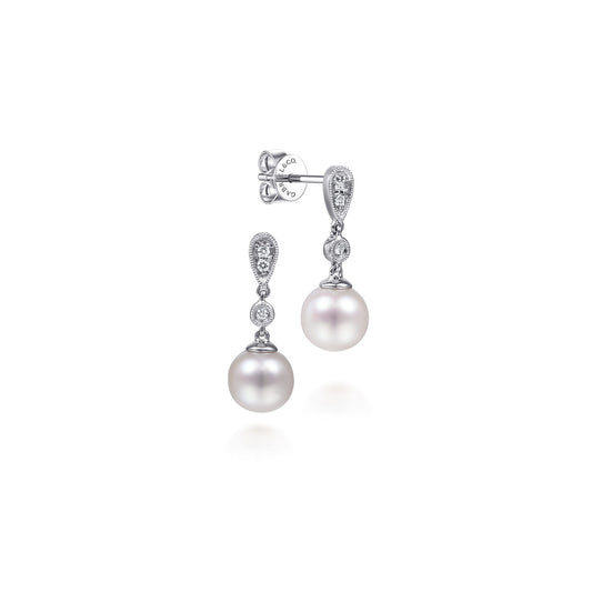 14K White Gold Diamond Pearl Drop Earrings — Gabriel & Co. EG9902W45PL