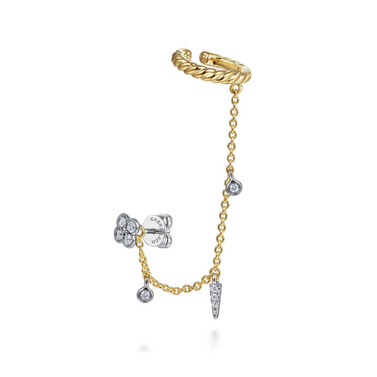 14K White-Yellow Gold Single Diamond Stud with Chain Drop and Ear Cuff — Gabriel & Co. EGS14931M45JJ