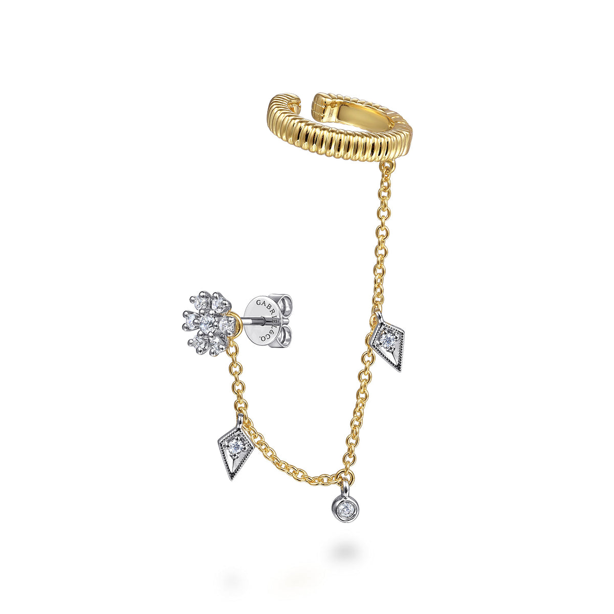 14K White-Yellow Gold Single Diamond Stud with Chain Drop and Ear Cuff — Gabriel & Co. EGS14932M45JJ