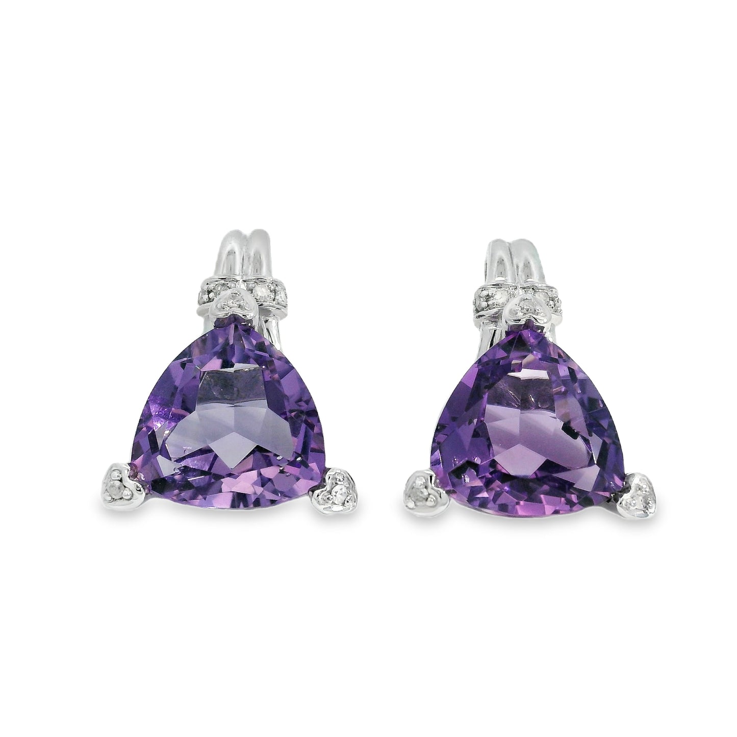10k White Gold Trillion-Cut Amethyst Drop Set with 3 Heart Prongs Earrings