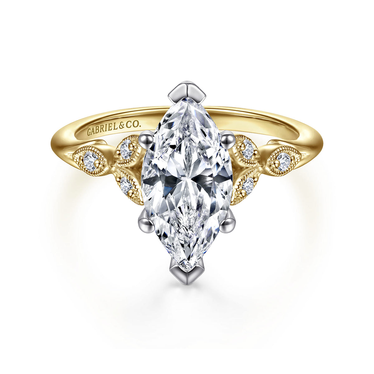 14K White-Yellow Gold Marquise Shape Diamond Engagement Ring — Gabriel & Co. ER11721M6M44JJ; center stone shown for illustration, not included