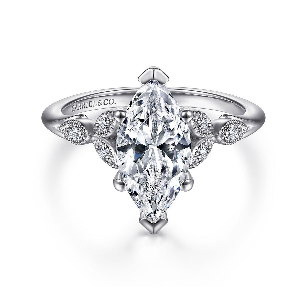 14K White Gold 6 Prong Marquise Shape Diamond Engagement Ring — Gabriel & Co. ER11721M6W44JJ; center stone shown for illustration, not included