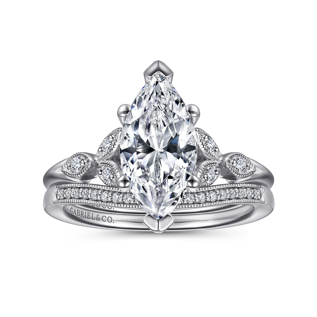 14K White Gold 6 Prong Marquise Shape Diamond Engagement Ring — Gabriel & Co. ER11721M6W44JJ; center stone shown for illustration, not included