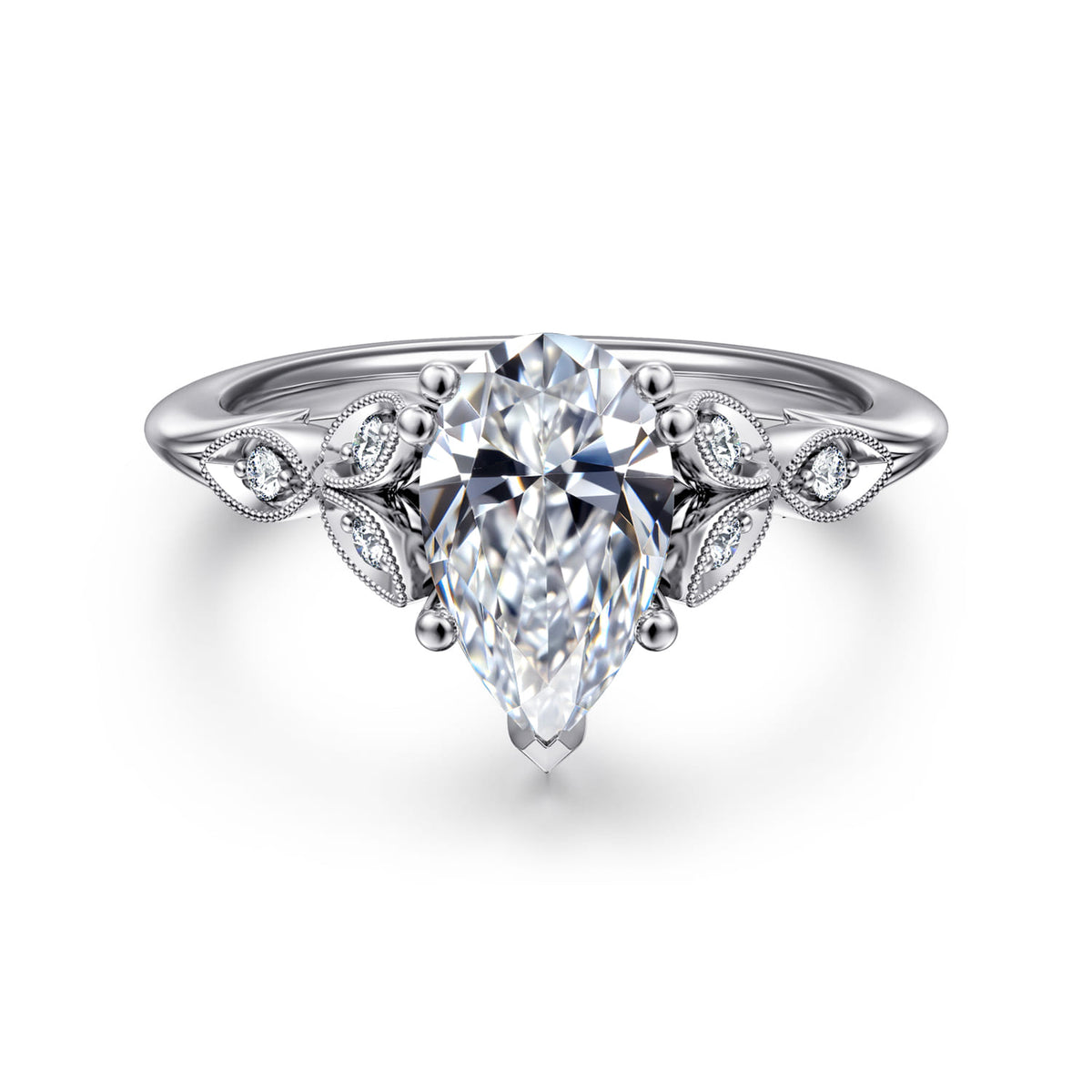 14K White Gold Pear Shape Diamond Engagement Ring — Gabriel & Co. ER11721P6W44JJ; center stone shown for illustration, not included