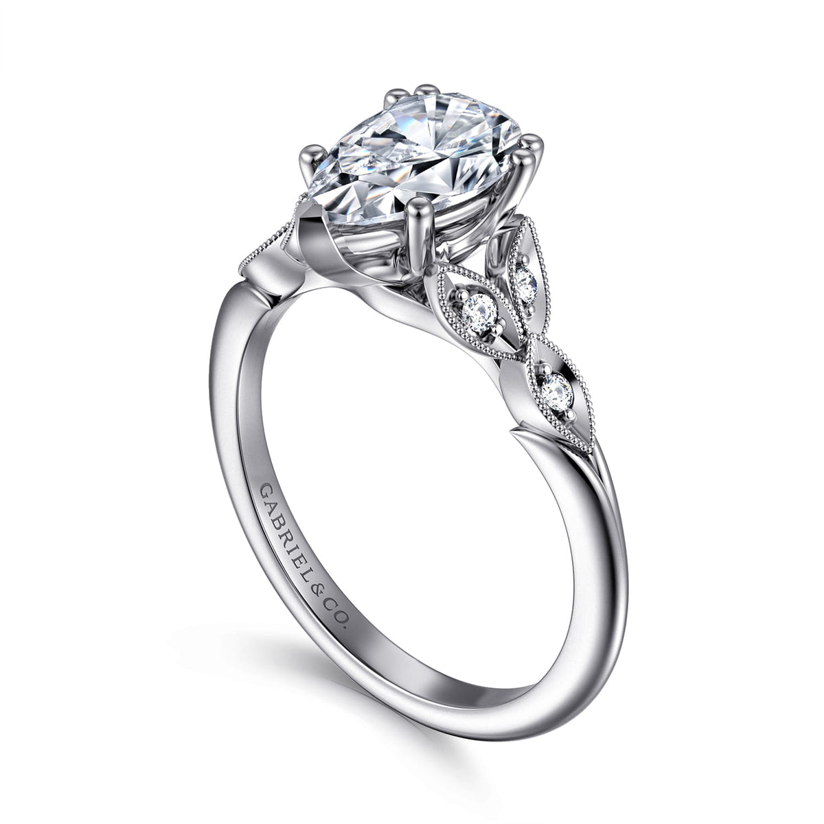 14K White Gold Pear Shape Diamond Engagement Ring — Gabriel & Co. ER11721P6W44JJ; center stone shown for illustration, not included