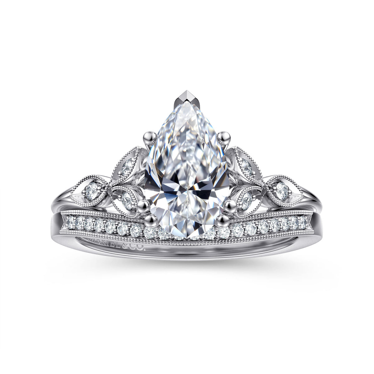 14K White Gold Pear Shape Diamond Engagement Ring — Gabriel & Co. ER11721P6W44JJ; center stone shown for illustration, not included