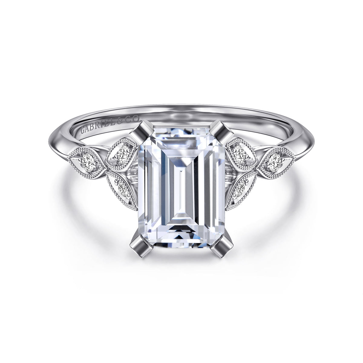 Vintage Inspired 14K White Gold Split Shank Emerald Cut Diamond Engagement Ring — ER11747E8W44JJ; center stone shown for illustration, not included