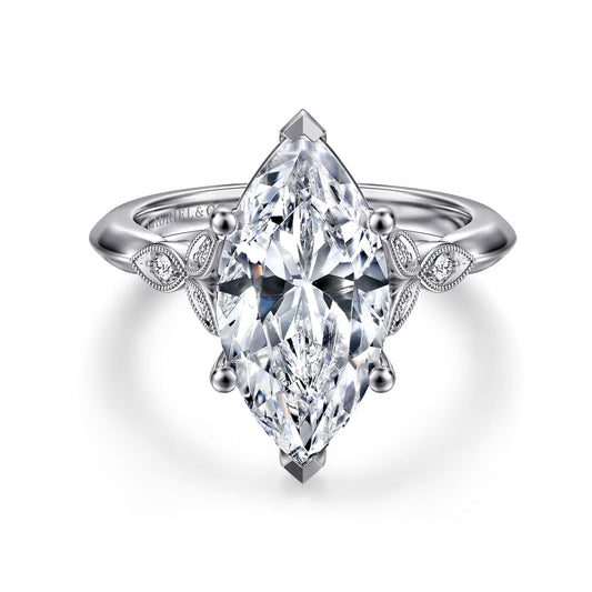 Vintage Inspired 14K White Gold Split Shank Marquise Shape Diamond Engagement Ring — Gabriel & Co. ER11747M16W44JJ; center stone shown for illustration, not included