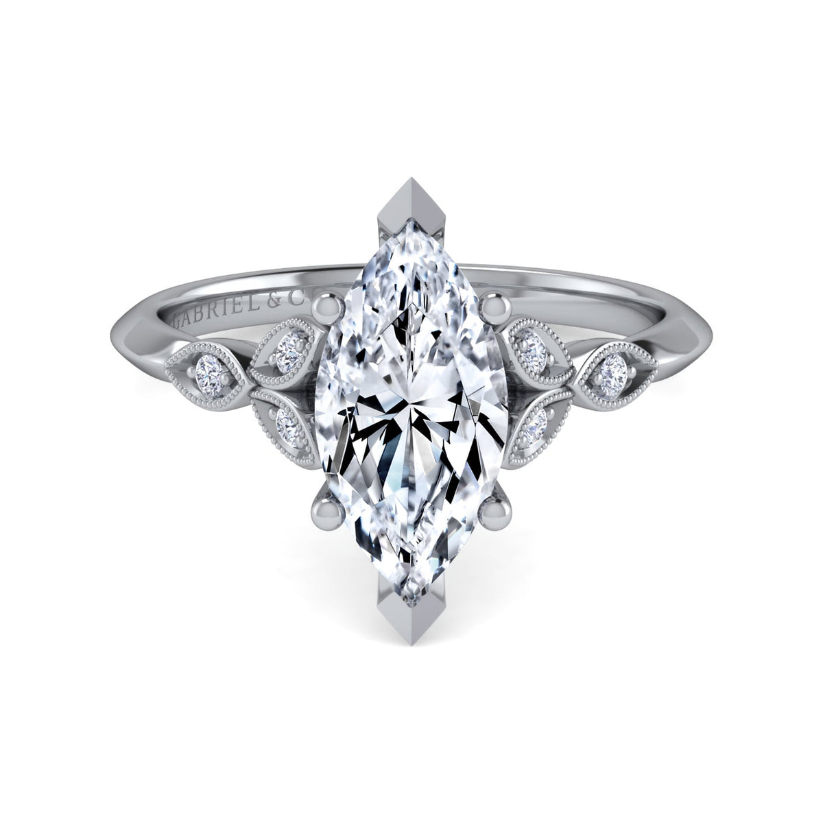 Vintage Inspired 14K White Gold Split Shank Marquise Shape Diamond Engagement Ring — ER11747M8W44JJ; center stone shown for illustration, not included