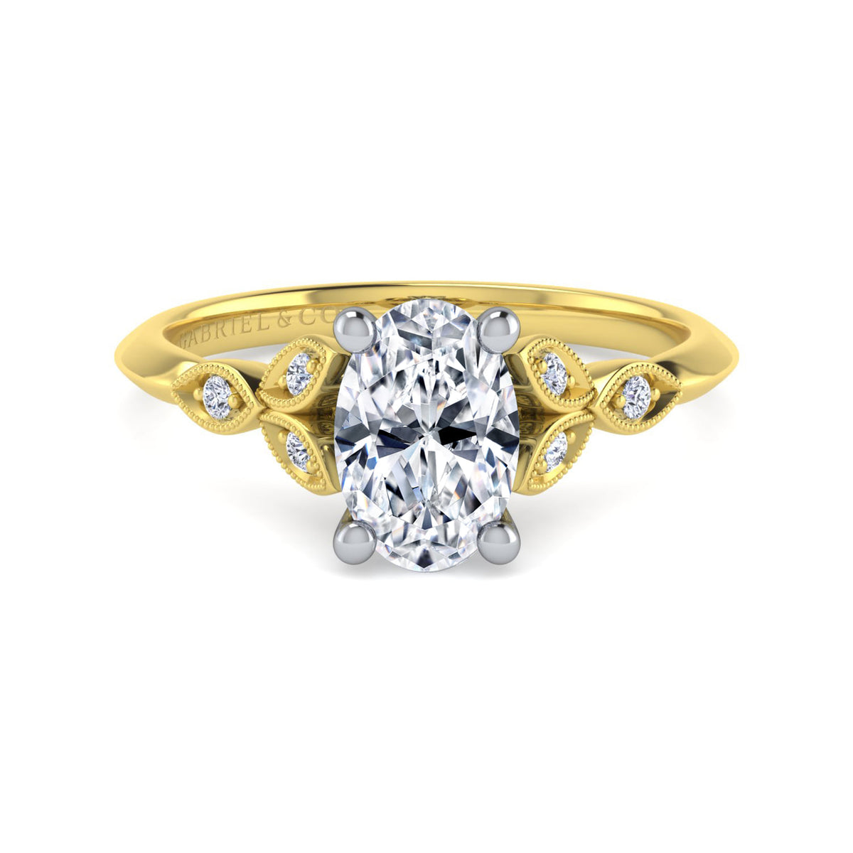 Vintage Inspired 14K White-Yellow Gold Split Shank Oval Diamond Engagement Ring — ER11747O6M44JJ; center stone shown for illustration, not included