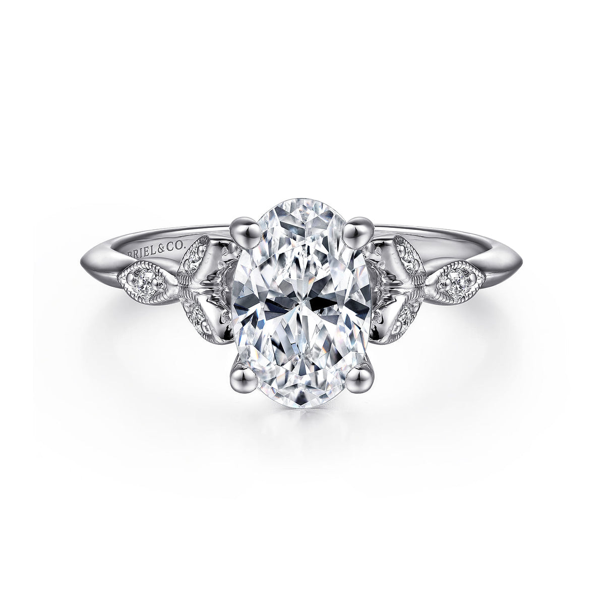 Vintage Inspired 14K White Gold Split Shank Oval Diamond Engagement Ring — ER11747O6W44JJ; center stone shown for illustration, not included