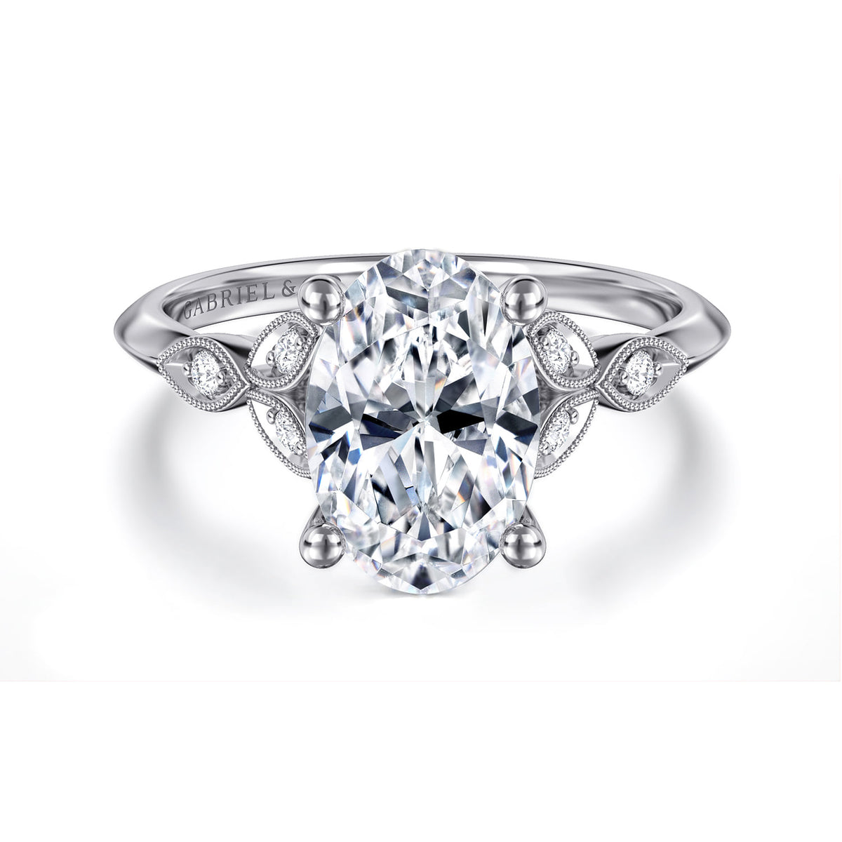 Vintage Inspired 14K White Gold Split Shank Oval Diamond Engagement Ring — ER11747O8W44JJ; center stone shown for illustration, not included