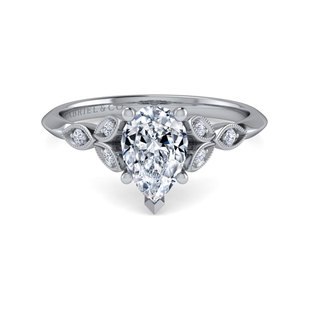 Vintage Inspired 14K White Gold Split Shank Pear Shape Diamond Engagement Ring — ER11747P4W44JJ; center stone shown for illustration, not included