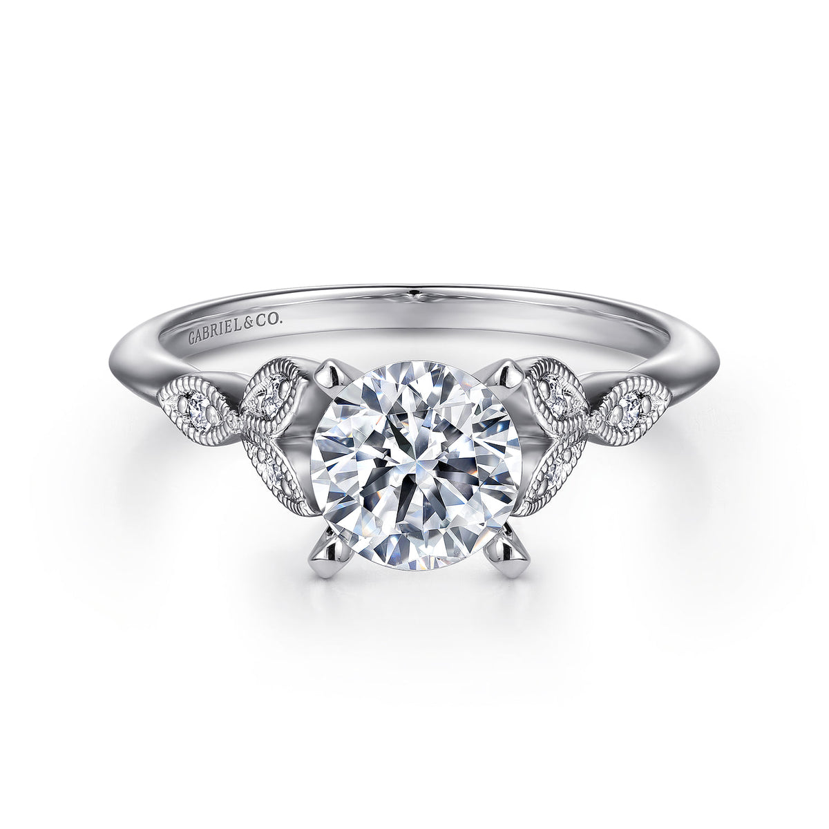 Vintage Inspired 14K White Gold Split Shank Round Diamond Engagement Ring — ER11747R4W44JJ; center stone shown for illustration, not included