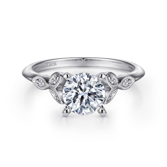 Vintage Inspired 14K White Gold Split Shank Round Diamond Engagement Ring — ER11747R4W44JJ; center stone shown for illustration, not included