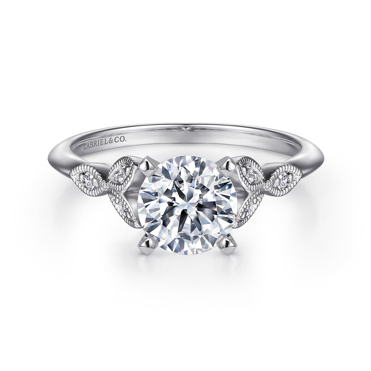 14K White Gold Round Diamond Engagement Ring — ER11747R6W44JJ; center stone shown for illustration, not included