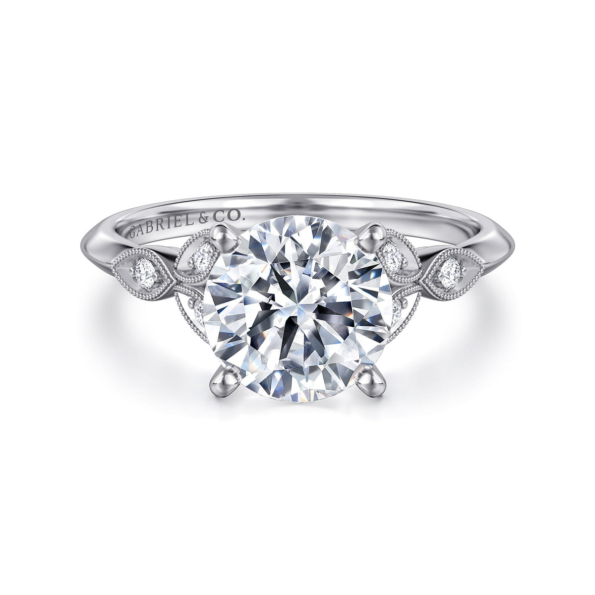 Vintage Inspired 14K White Gold Split Shank Round Diamond Engagement Ring — ER11747R8W44JJ; center stone shown for illustration, not included