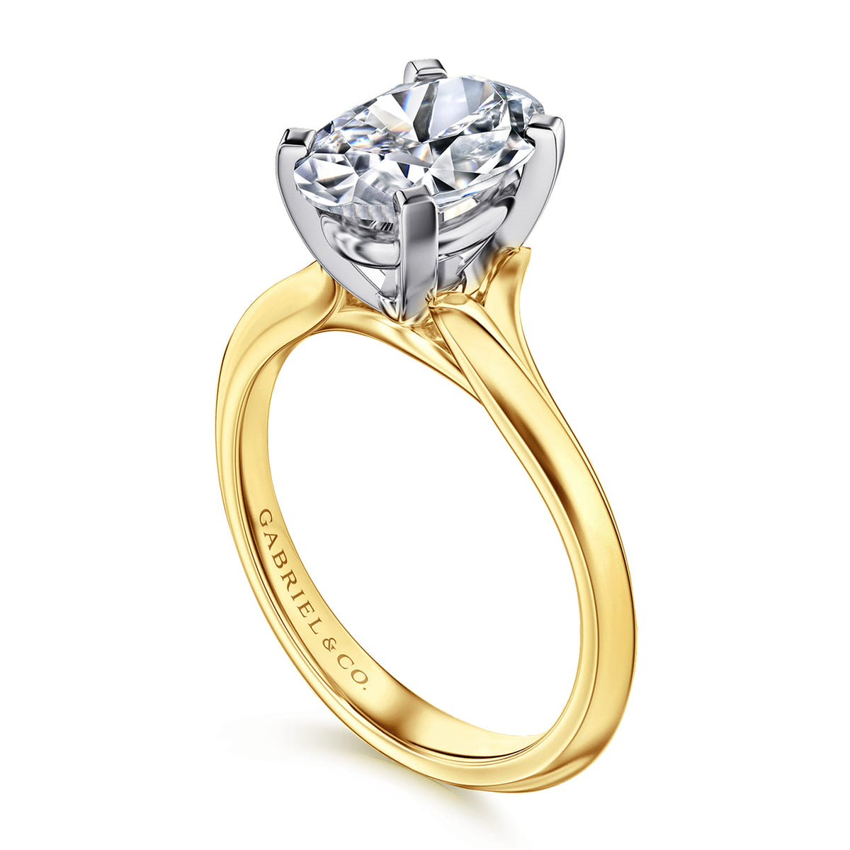 14K Mix of White and Yellow Gold Oval Diamond Engagement Ring — Gabriel & Co. ER11832O8M4JJJ; center stone shown for illustration, not included