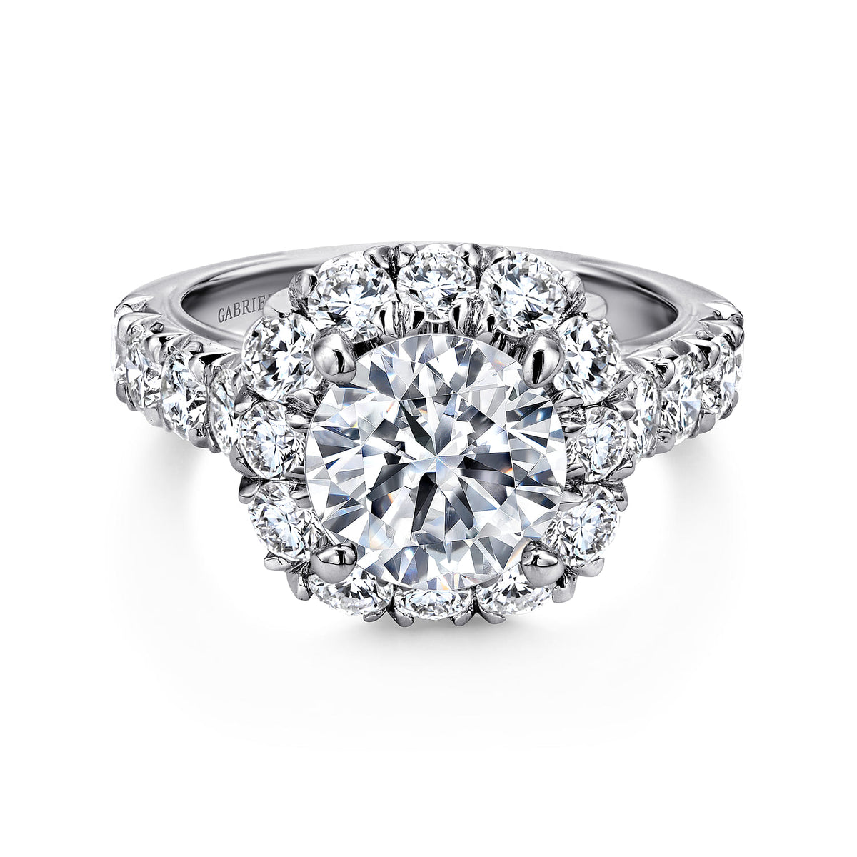 14K White Gold Cushion Halo Round Diamond Engagement Ring — Gabriel & Co. ER11986R8W44JJ; center stone shown for illustration, not included