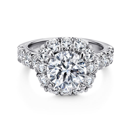 14K White Gold Cushion Halo Round Diamond Engagement Ring — Gabriel & Co. ER11986R8W44JJ; center stone shown for illustration, not included
