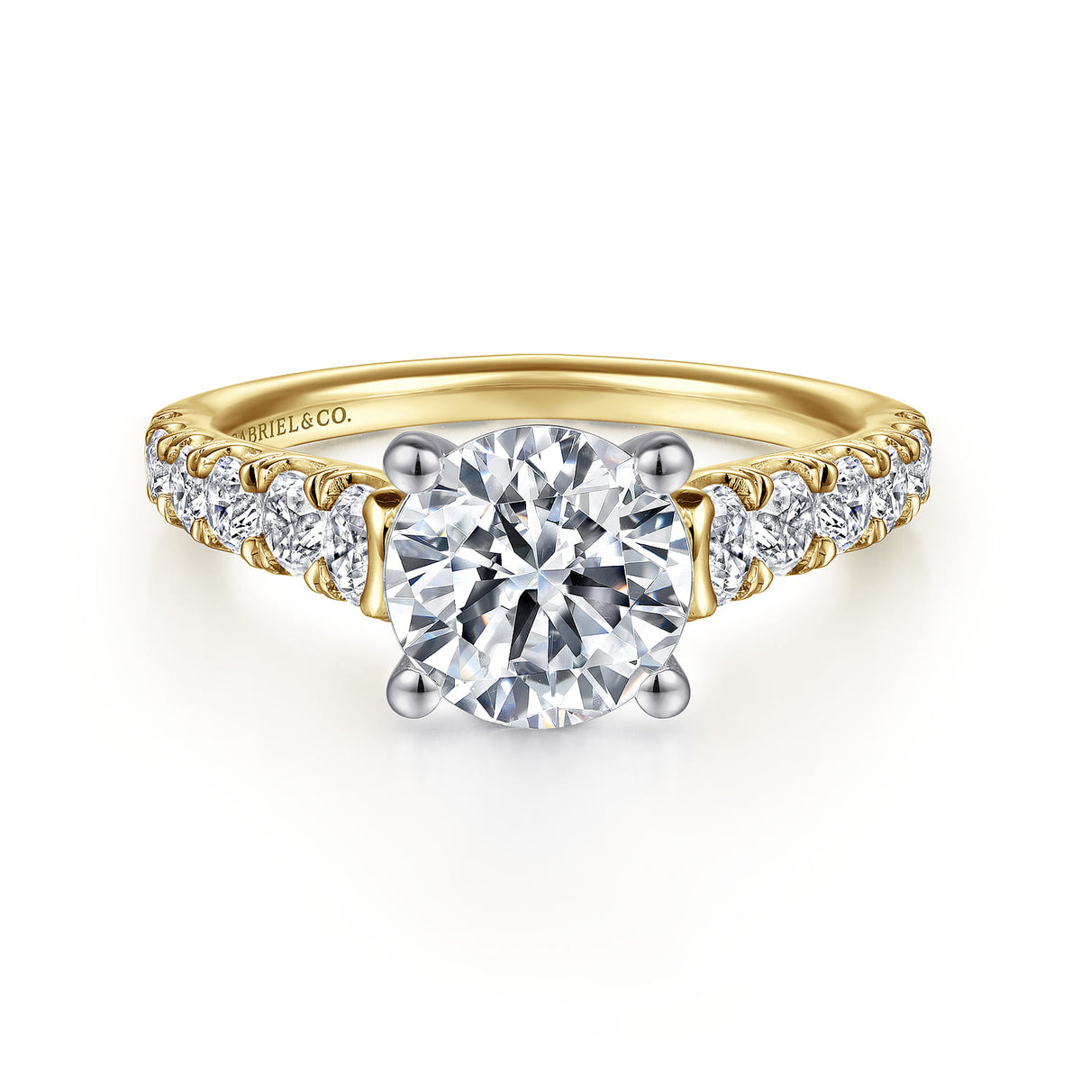 14K White-Yellow Gold Round Diamond Engagement Ring — Gabriel & Co. ER12299R6M44JJ; center stone shown for illustration, not included